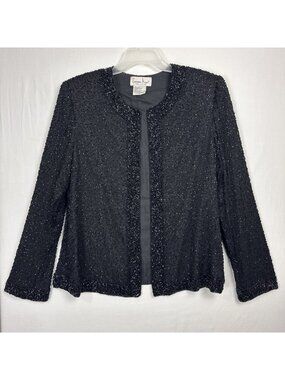 Vtg Laurence Kazar Silk Beaded Black Jacket XL Hook & Eye Closure Lined